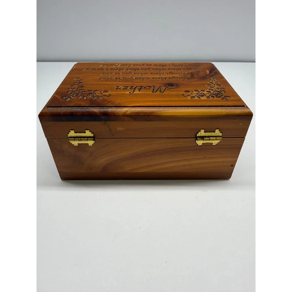 Vintage Cedar Wood Mother Poem Keepsake Box Floral Engraved Jewelry Chest 6x5